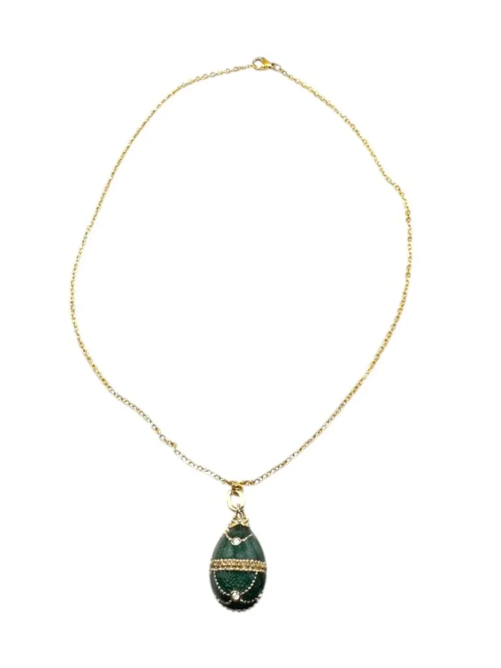 Faberge Egg Necklace Emerald Green Pendant Gold Tone Stainless Steel 18